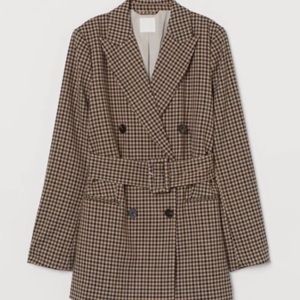 NWT! H&M Double Breasted Beige/Checkered Plaid Blazer Jacket with Belt SZ 10